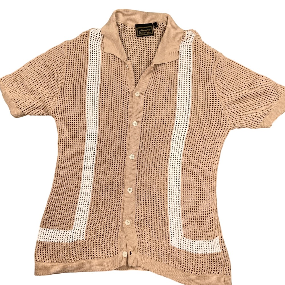 Massive Luxury Edition Knit Polo Mens Large Tan Crochet Mesh Stripe Retro 70s